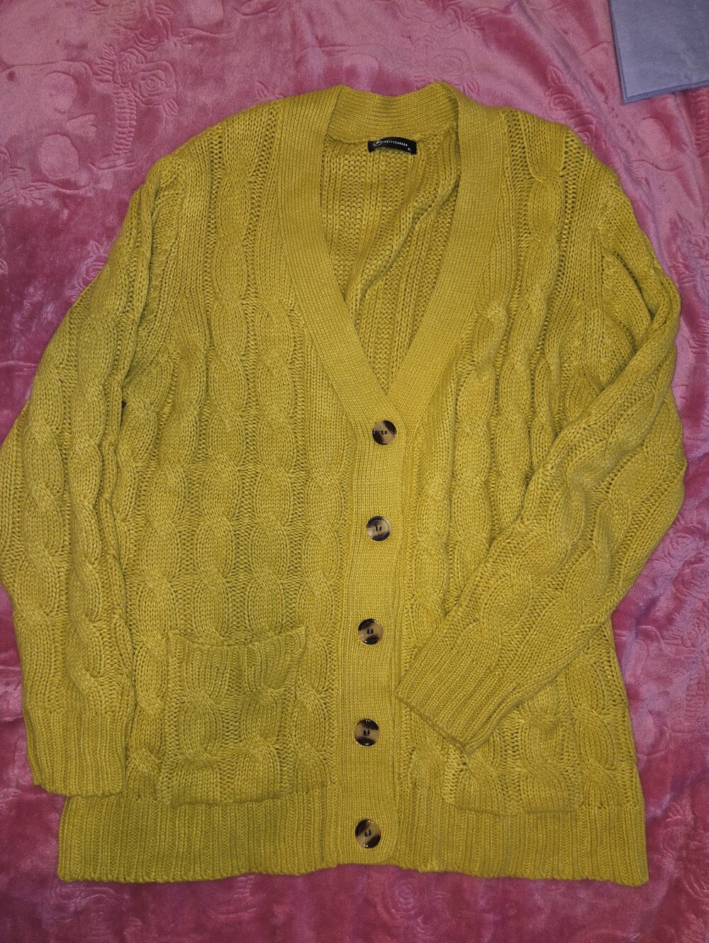 Cable Knit Button-Front Cardigan Sweater - Mustard Yellow